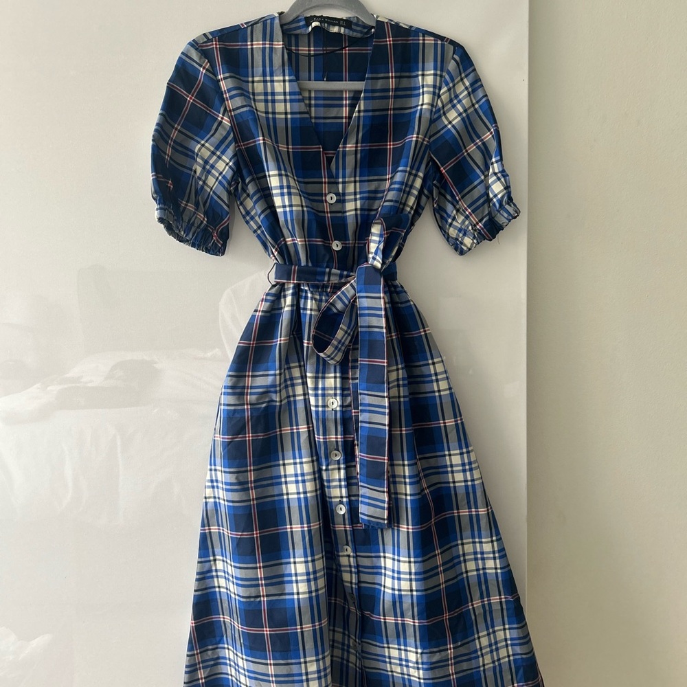 Zara Plaid Blue Dress with Belt